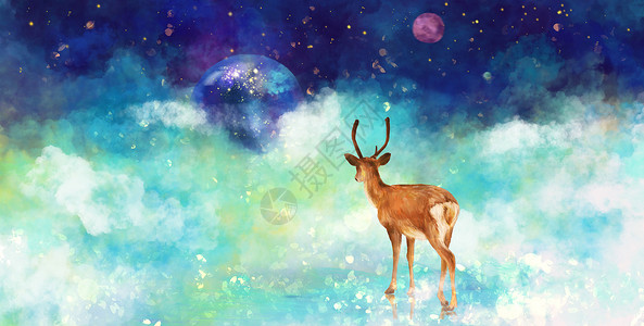 小鹿的幻想蓝色星空高清图片