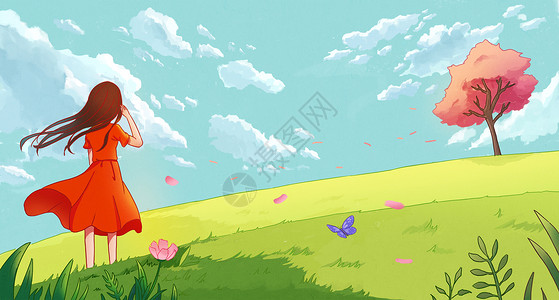 红色三素材阳春三月下的女孩插画