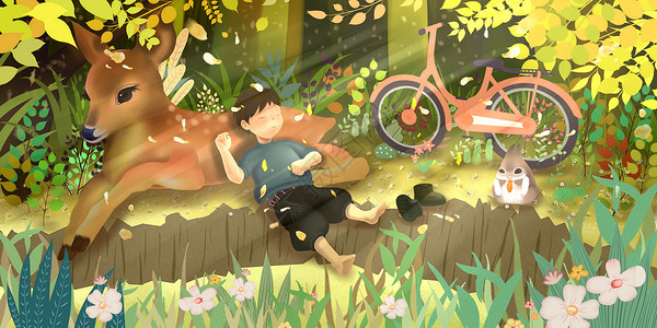 路与阳光素材阳春三月的林荫小憩插画