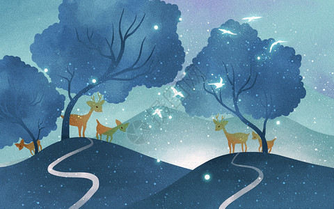 山路夜晚森林小鹿插画