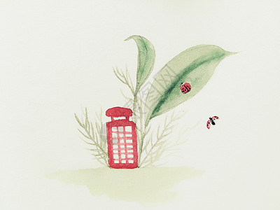 英伦电话亭植物背景插画