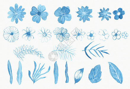 蓝色小清新边框手绘水彩蓝色花卉叶子素材插画