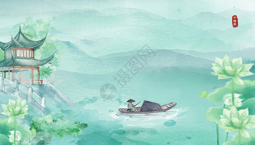 传统治愈系渔翁钓鱼水彩插画插画