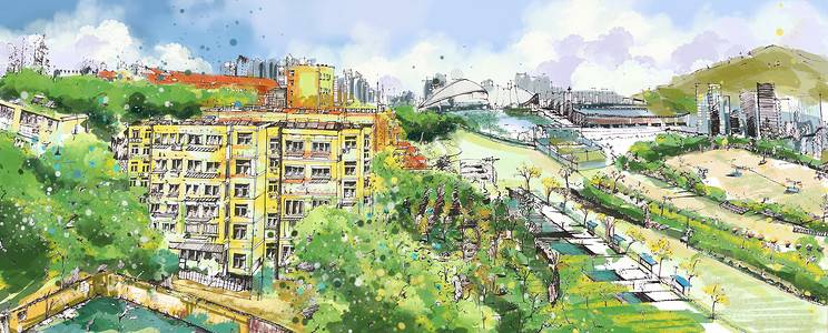 小区建筑春天的城市插画