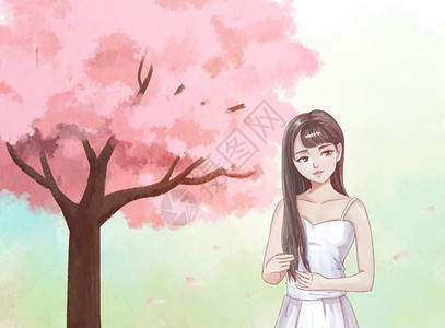 春天樱花与女孩背景图片