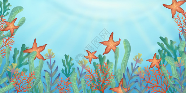 蓝色爆炸边框海底世界植物分层背景插画