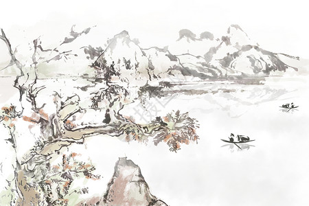 中国风远山景色水墨山水画插画