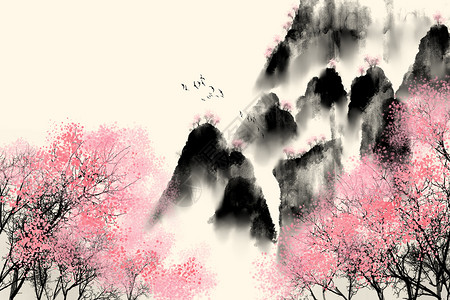 漫山桃树水墨背景图片