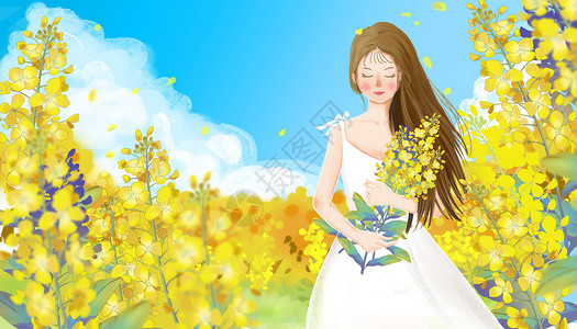 春季美女油菜花地里抱花的女孩插画