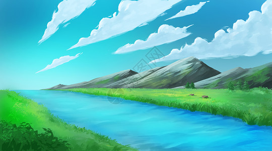河流草原春天的山水风景插画