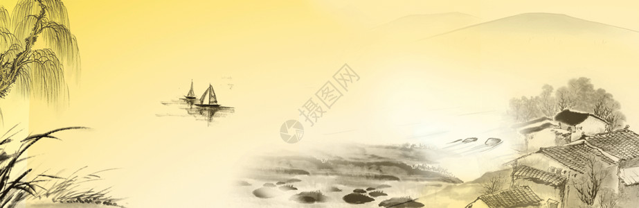 河流风景画中国风水墨背景设计图片