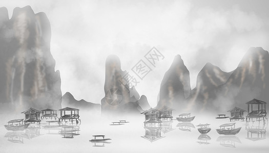 黑白天空桂林山水插画