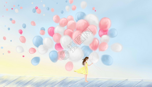 粉蓝色浪漫气球雨插画