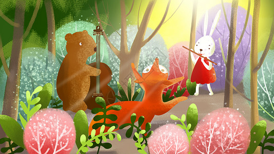 粉色手绘熊春天森林里的早晨插画