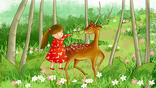 森林绿地春暖花开女孩和鹿插画