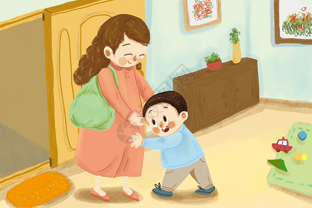 卡通手绘母亲节迎接妈妈回来的小孩插画