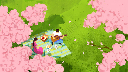春天情侣野餐插画背景图片