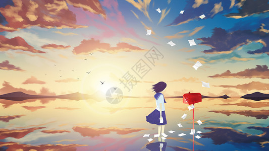 信纸模版天空之境-少女的信箱插画
