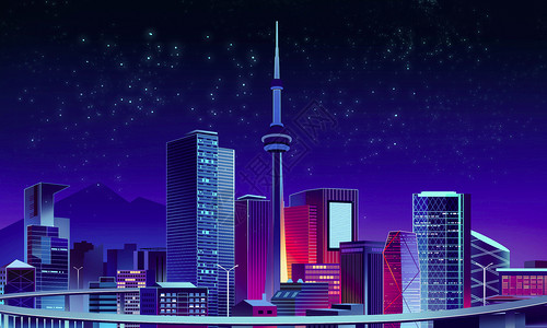 金融高楼城市夜景矢量建筑插画