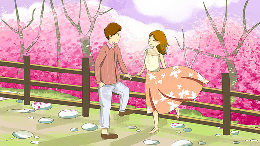 桃花盛开的地方情侣插画高清图片