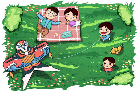 一家人春游春天小朋友放风筝卡通插画高清图片