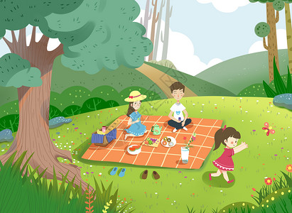 摘苹果小女孩一家人野餐插画