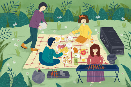 家庭户外聚餐春游野餐插画
