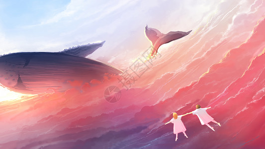 云中鲸鱼男孩和鲸鱼高清图片