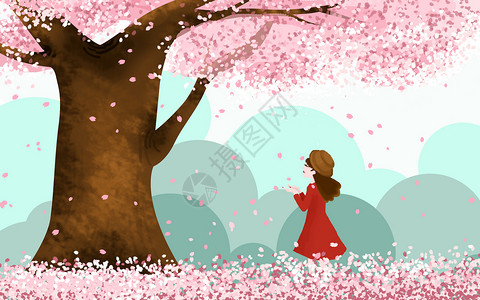 飘落红色花瓣樱花树下的女孩插画