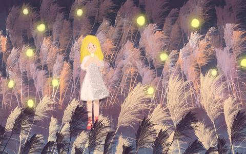 青春靓丽的小女孩森林里的萤火虫插画