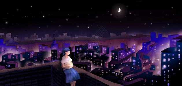 女孩失落城市夜景插画插画