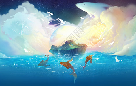 海鸥与鲨鱼梦幻天空和岛屿插画