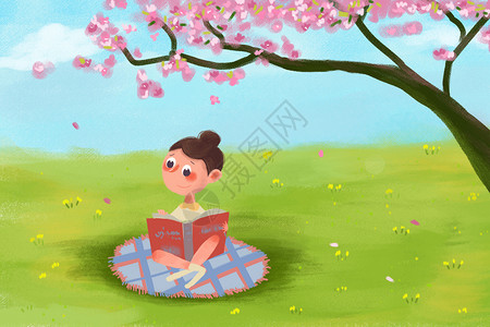 樱花下看书的小女孩图片
