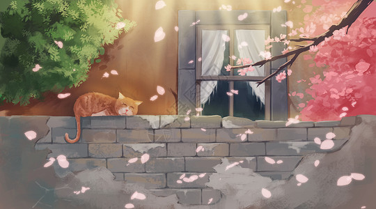 猫窗户樱花树下晒太阳的猫插画