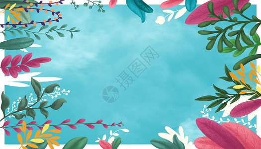 蓝色树叶花朵花丛植物背景素材插画
