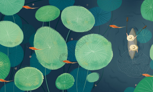 橙绿背景素材绿色系池塘插画插画