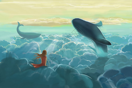 云海鲸鱼云层之上的女孩与鲸鱼插画
