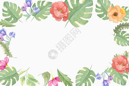 小清新绿叶边框花卉背景设计图片