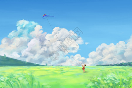 草坪女孩田园里放风筝的女孩插画