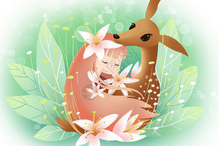 小女孩跟小鹿春天里的花仙子与小鹿插画