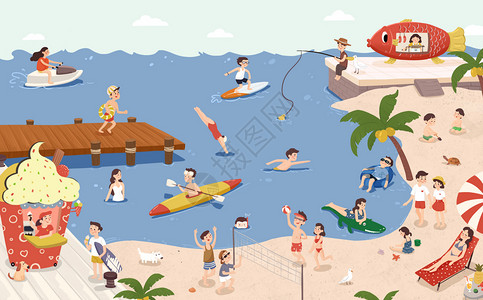 夏季游泳优惠券海边插画