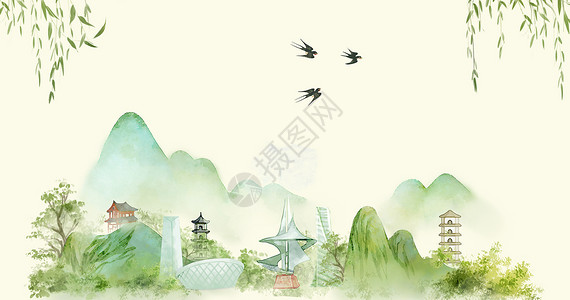江南旅游字体春天风景背景设计图片