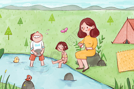 草地河边和妈妈一起郊游插画