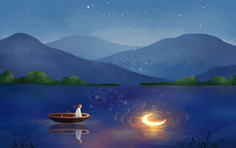 男孩月亮船湖中央的月亮插画