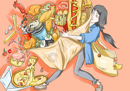热量食物抱零食的女孩插画