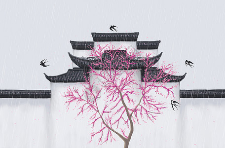 桃树元素清明雨上插画
