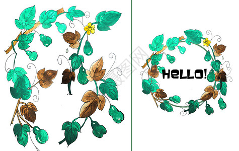 绿色藤蔓边框手绘水彩小葫芦插画