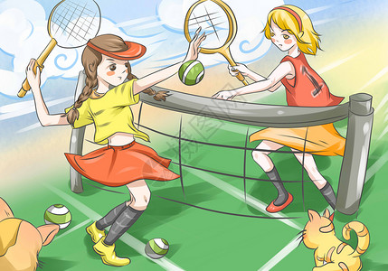 打网球的女孩打网球的少女插画