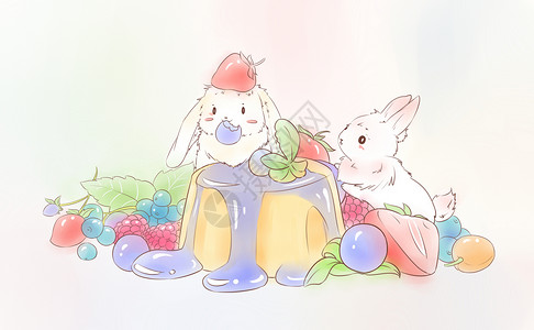 蓝莓浆果请问你要来一份浆果布丁兔吗~插画