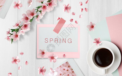 粉色咖啡杯春季粉色清新背景设计图片
